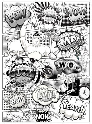 Black and white comic book page divided by lines with speech bubbles, rocket, superhero and sounds effect. Illustration