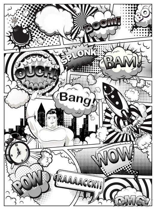 Fotobehang Black and white comic book page divided by lines with speech bubbles, rocket, superhero and sounds effect. Illustration