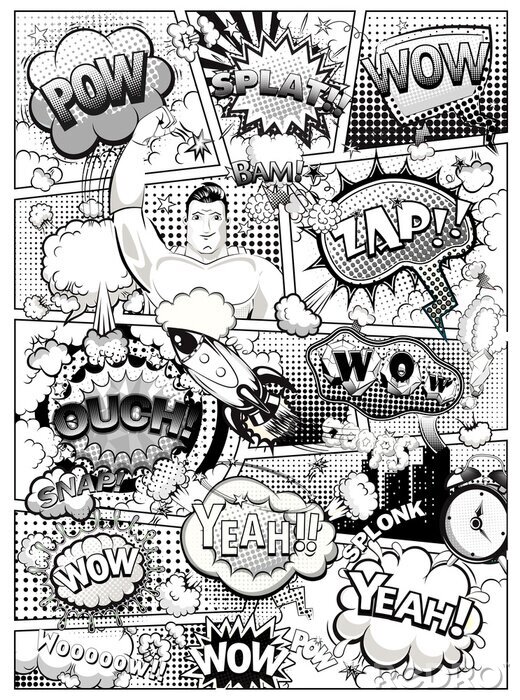 Fotobehang Black and white comic book page divided by lines with speech bubbles, rocket, superhero and sounds effect. Illustration
