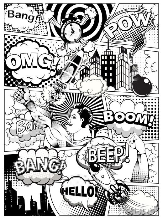 Fotobehang Black and white comic book page divided by lines with speech bubbles, rocket, superhero and sounds effect. Illustration
