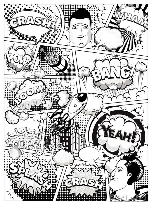 Fotobehang Black and white comic book page divided by lines with speech bubbles, rocket, superhero and sounds effect. Illustration