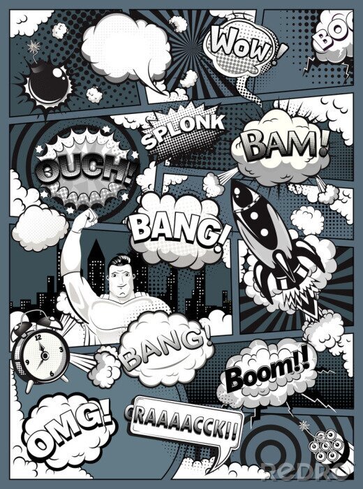 Fotobehang Black and white comic book page divided by lines with speech bubbles, rocket, superhero and sounds effect. Retro background mock-up. Comics template on dark background. Vector illustration