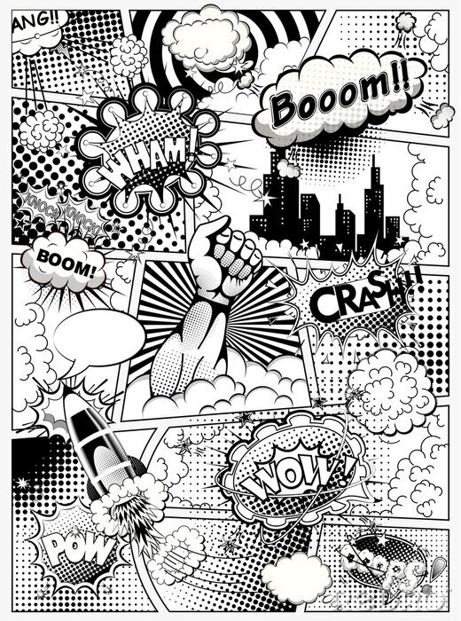 Fotobehang Black and white comic book page divided by lines with speech bubbles, rocket, superhero hand and sounds effect. Illustration