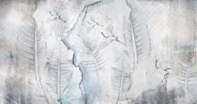 Bladeren en kraanvogels op een betonnen muur