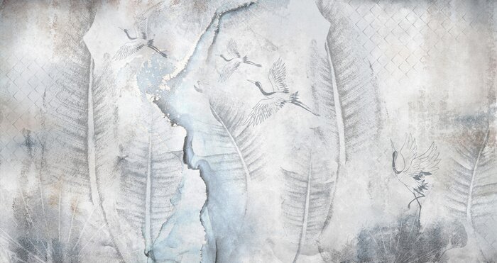 Fotobehang Bladeren en kraanvogels op een betonnen muur