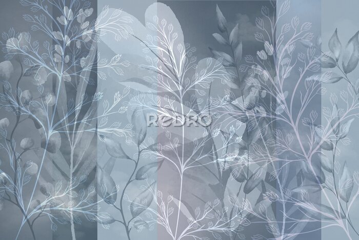 Fotobehang Bladeren in grijze en blauwe kleuren