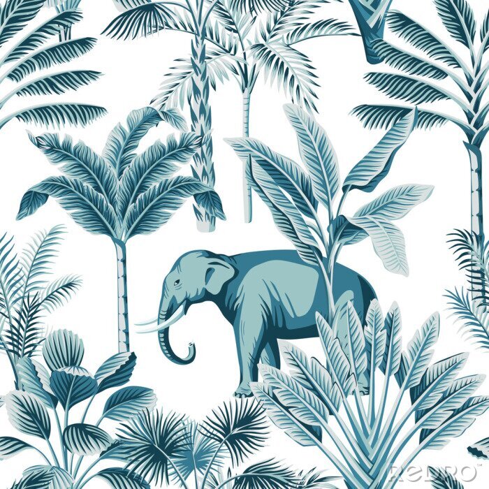 Fotobehang Blauw motief met palmbomen en olifanten