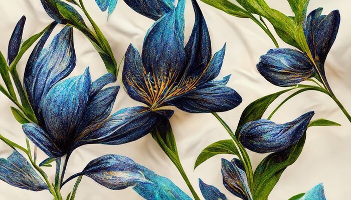 Fotobehang Blauwe bloemen op een beige achtergrond