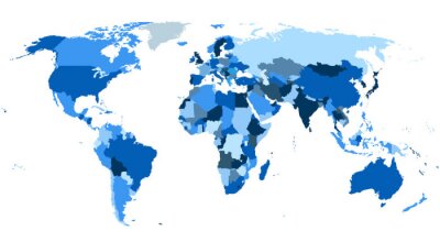 Fotobehang Blauwe landen op wereldkaart