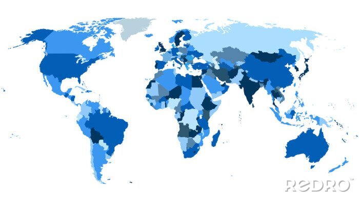 Fotobehang Blauwe landen op wereldkaart