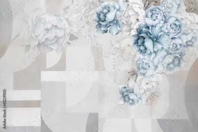 Fotobehang Blauwe pioenrozen en een geometrische betonnen muur