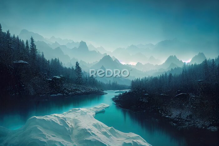 Fotobehang Blauwe rivier in besneeuwde winterbergen