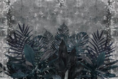 Fotobehang Blauwe tropische bladeren op een betonnen achtergrond