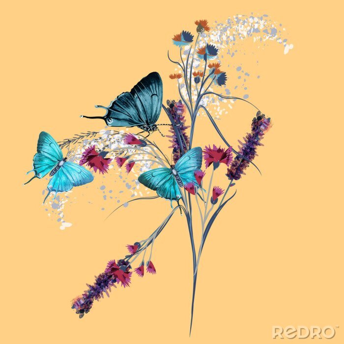 Fotobehang Blauwe vlinders en een takje bloemen