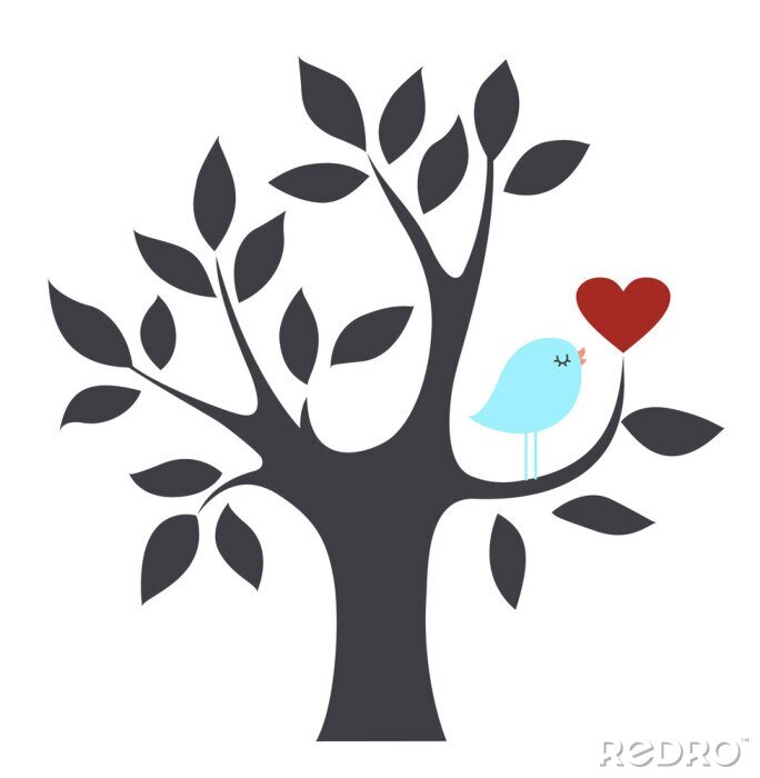 Fotobehang Blauwe vogel en hart op de boom