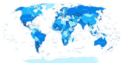 Fotobehang Blauwe wereldkaart met opschriften