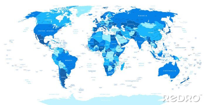 Fotobehang Blauwe wereldkaart met opschriften