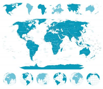 Blauwe wereldkaart met wereldbollen