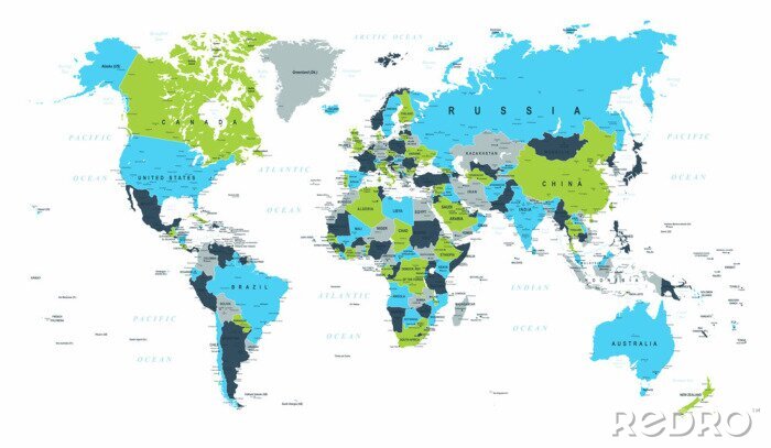 Fotobehang Blauwgroene politieke kaart van de wereld