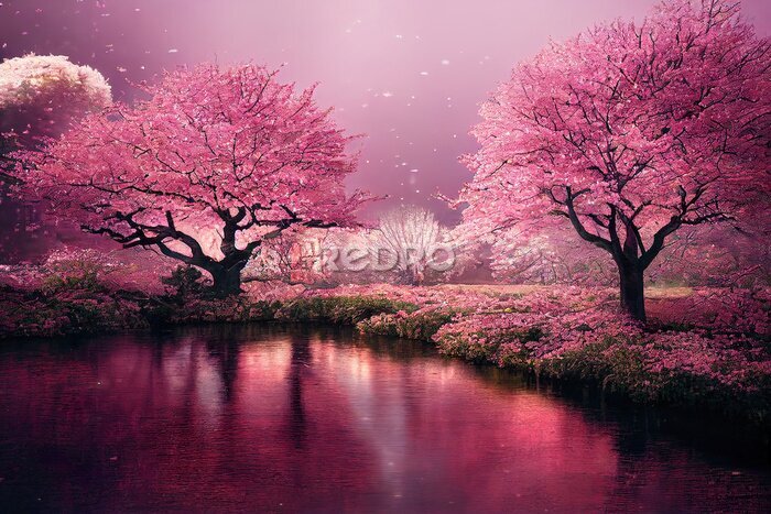 Fotobehang Bloeiende kersenbomen in een roze tuin