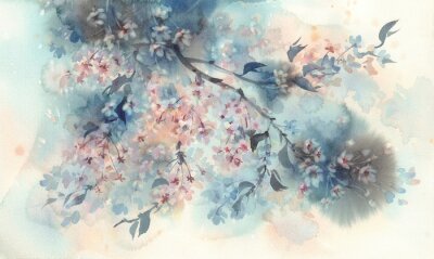 Fotobehang Bloeiende sakura op een aquarelachtergrond