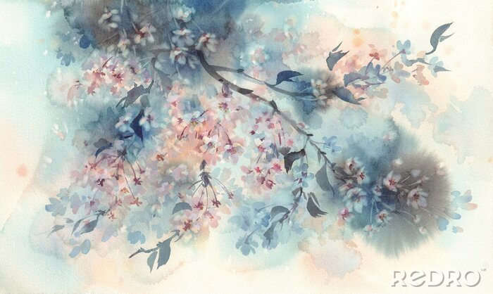Fotobehang Bloeiende sakura op een aquarelachtergrond