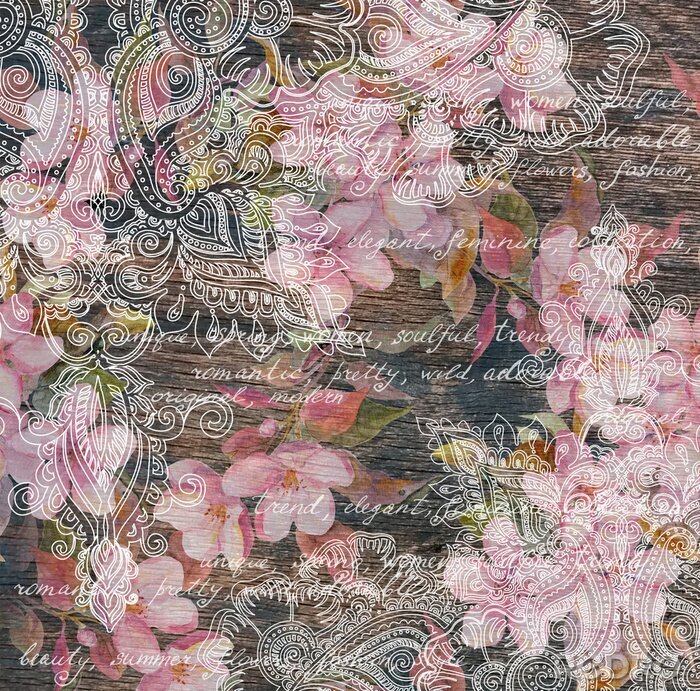 Fotobehang Bloemen, indian sierontwerp, houtstructuur. Aquarel, handgeschreven notitie