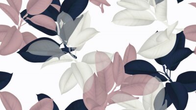 Bloemen naadloos patroon, blauwe, roze en witte Ficus Elastica / rubberplant op witte achtergrond