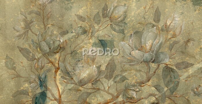 Fotobehang Bloemen op takken in vintage stijl