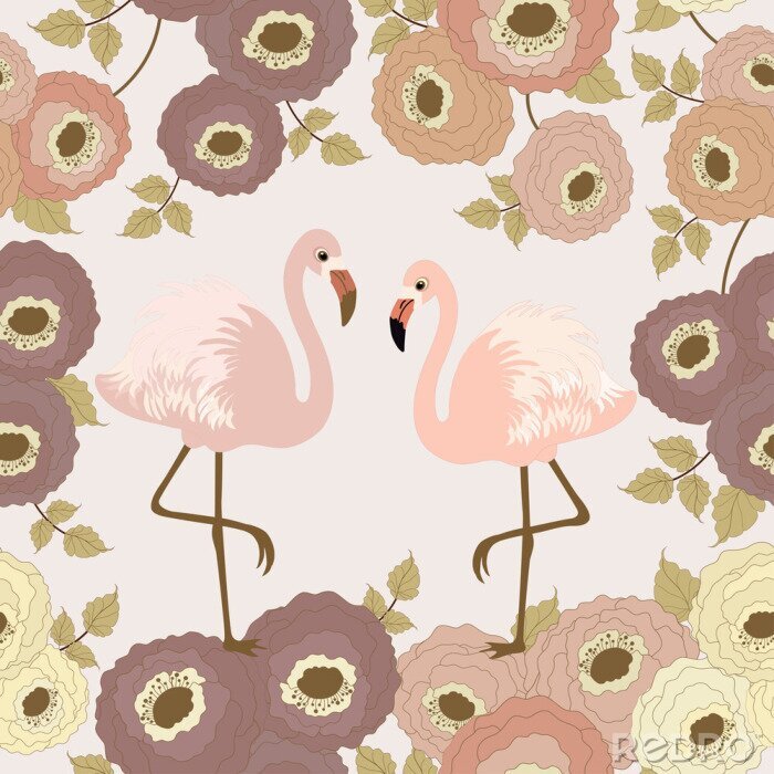 Fotobehang Bloemenmotief met flamingo's