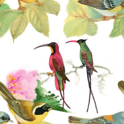 Fotobehang Bloemenpatroon met vogels