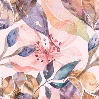 Fotobehang Boho naadloze aquarel patroon van veren en wilde bloemen, bladeren, takken bloemen, illustratie, liefde en veren, Boheemse decoratie voorjaar bloeien