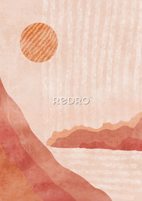 Fotobehang Boho Print. Abstract Clifs with Sea Background. Terracotta Poster. Abstract Arrangements. Landscapes, mountains. Posters. Terracotta, blush, pink, ivory, beige watercolor Modern print set. Wall art