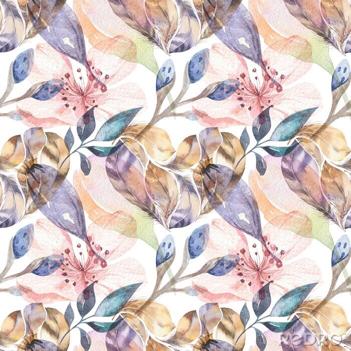 Fotobehang Boho seamless watercolor pattern of feathers and wild flowers, leaves, branches flowers, illustration, love and feathers, bohemian decoration spring blossom