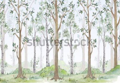 Fotobehang Bomen in het bos aquarel landschap