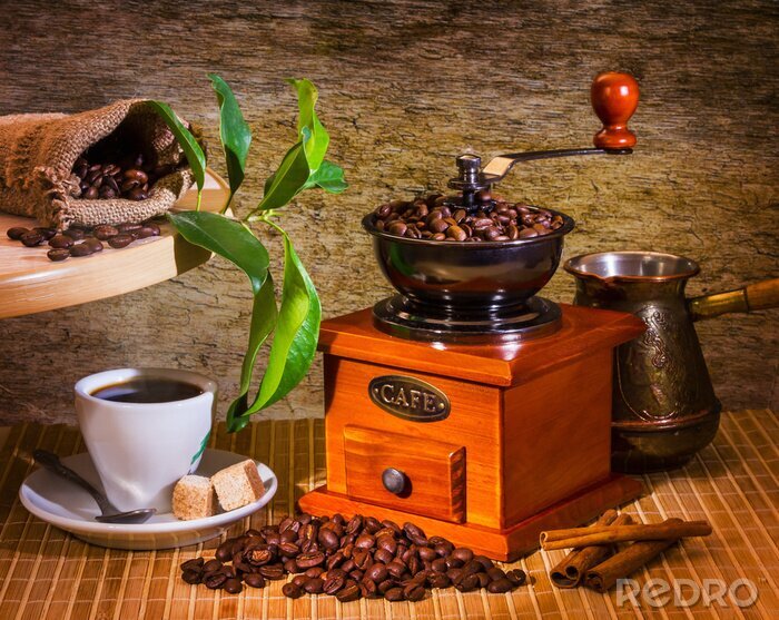 Fotobehang Bonenmolen en koffiekopje