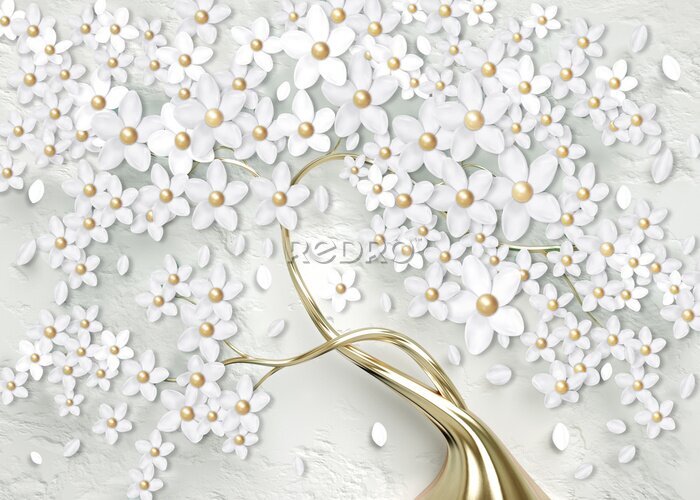 Fotobehang Boom met witte 3D bloemen
