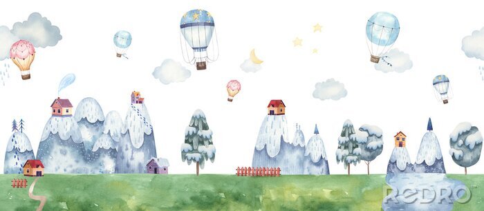 Fotobehang border seamless pattern childrens illustration with balloons, mountain landscape, trees, forest, houses in the mountains, clouds, watercolor illustration pastel gentle colors