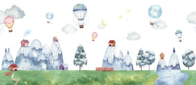 Fotobehang Border seamless pattern childrens illustration with balloons, mountain landscape, trees, forest, houses in the mountains, clouds, watercolor illustration pastel gentle colors