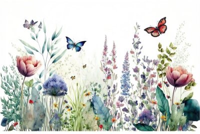Fotobehang Bordure horizontale harmonieuse avec fleurs multicolores abstraites, feuilles et plantes vertes, papillons volants. Motif isolé à l'aquarelle sur fond blanc, prairie d'été illustration panoramique.