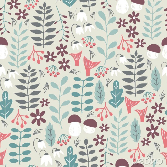 Fotobehang Bos naadloos patroon. Vector achtergrond met de natuur elementen en abstracte vormen. Naadloos Patroon voor stof, papier en andere afdrukken.