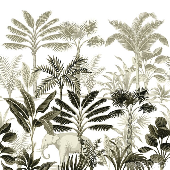 Fotobehang Botanische illustratie van de jungle in vintage stijl