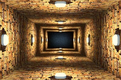 Fotobehang Bovenaanzicht van een oude overstroomde bakstenen schacht