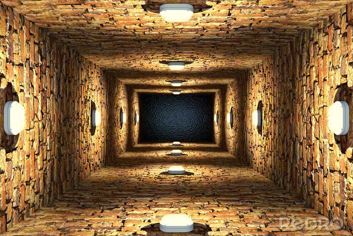 Fotobehang Bovenaanzicht van een oude overstroomde bakstenen schacht