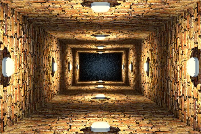 Fotobehang Bovenaanzicht van een oude overstroomde bakstenen schacht