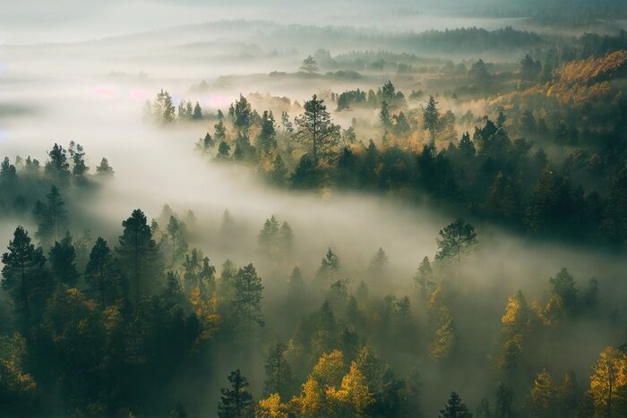 Fotobehang Bovenaanzicht van het bos in de ochtend
