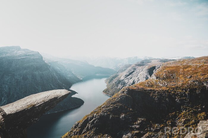 Fotobehang Breathtaking views of Norwegian national park, river and fjords at bright day.