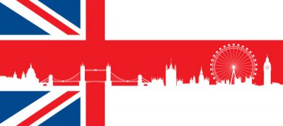 Britse vlag met zeer gedetailleerde silhouet skyline van Londen