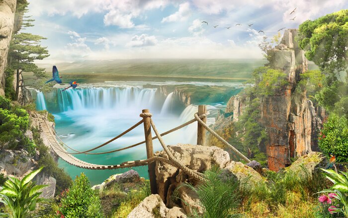 Fotobehang Brug over waterval