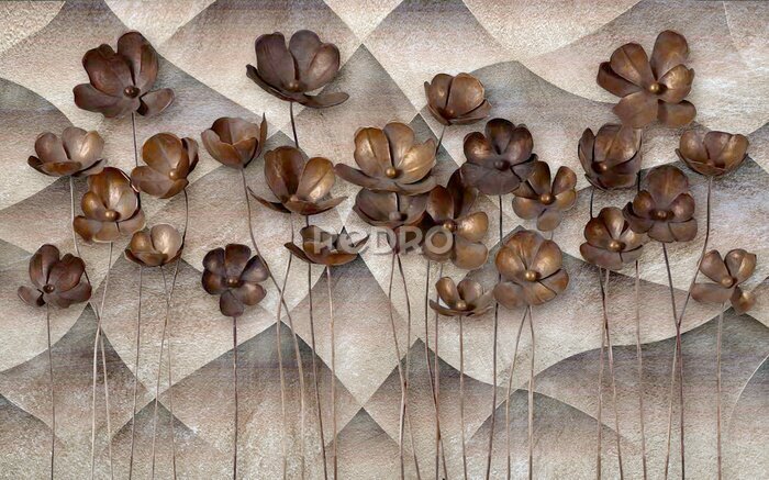 Fotobehang Bruine 3D bloemen op een betonnen achtergrond